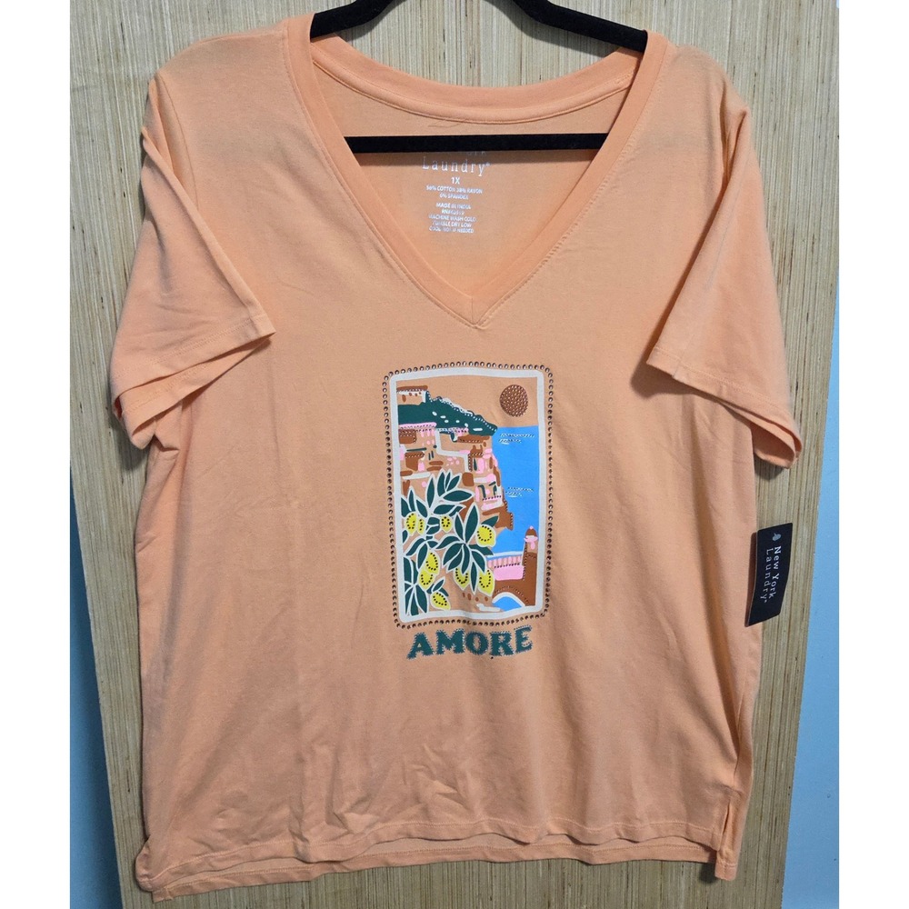 New York Laundry Amore Graphic V-Neck T-Shirt Peach Orange Plus Size 1X NWT